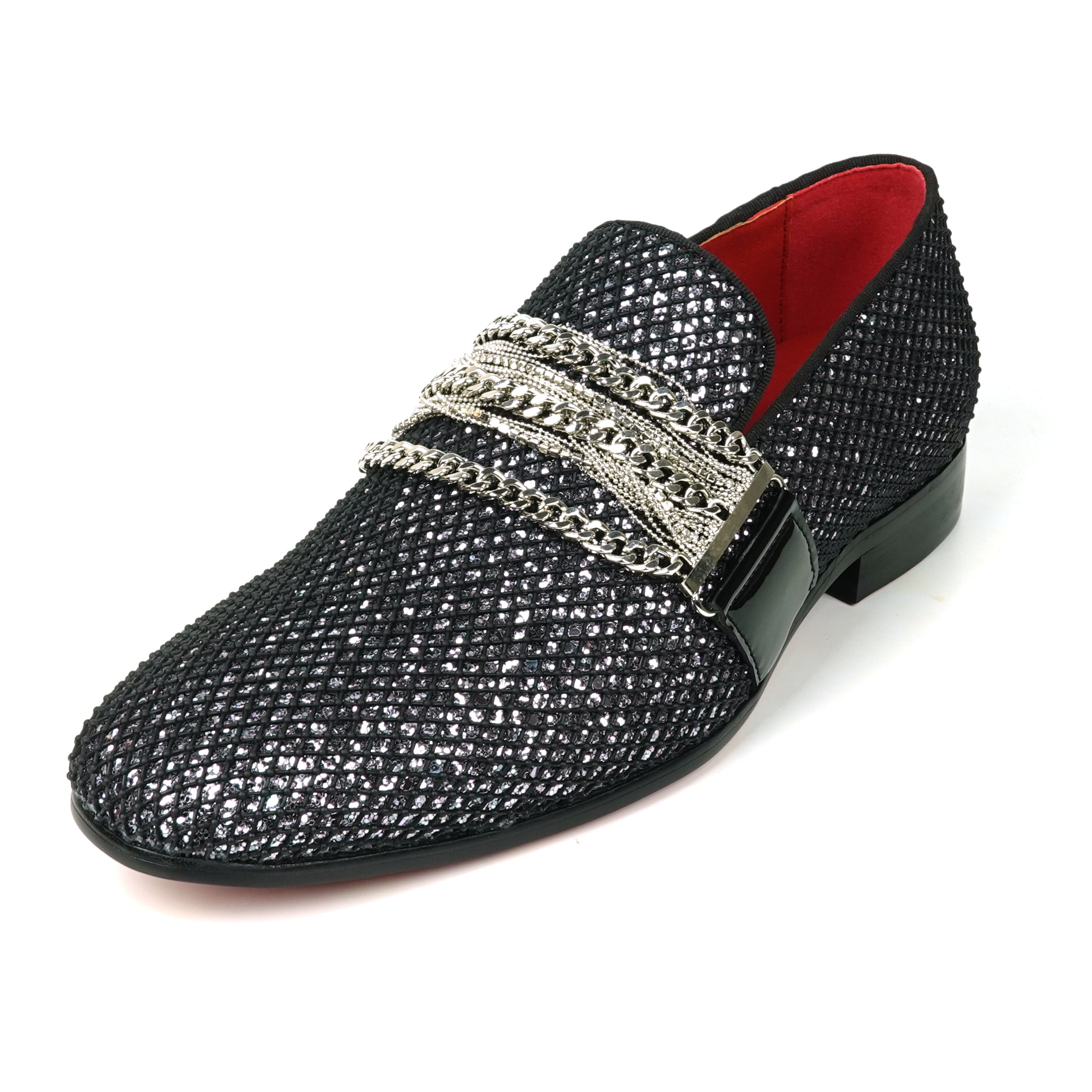 Fiesso Men Black Gold Silver Rhinestone Embellished SlipOn Dress Red Bottom  Shoe