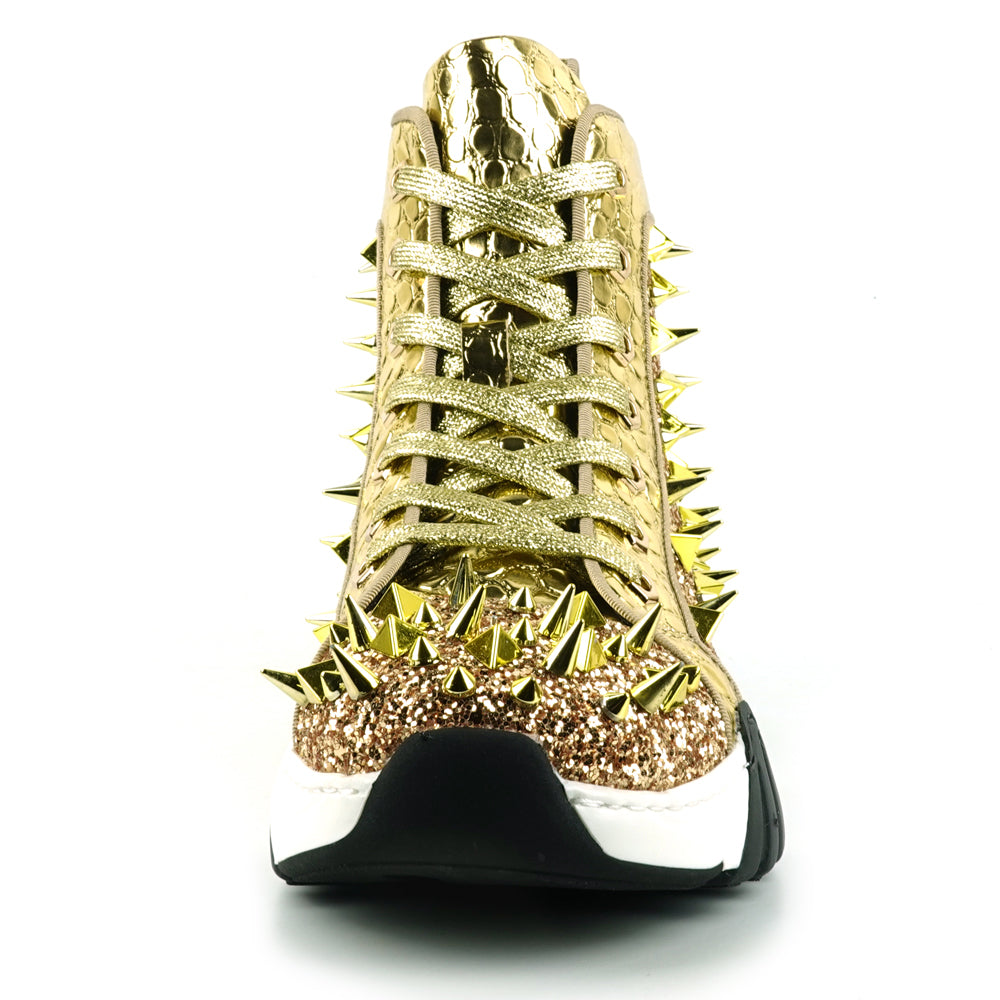 FI-2405 Gold Glitter Gold Spikes Lace up High top Sneaker Encore by Fiesso