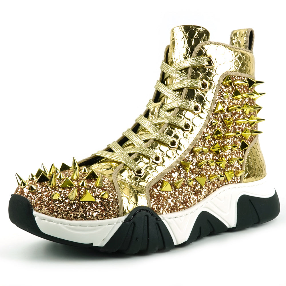 FI-2405 Gold Glitter Gold Spikes Lace up High top Sneaker Encore by Fiesso