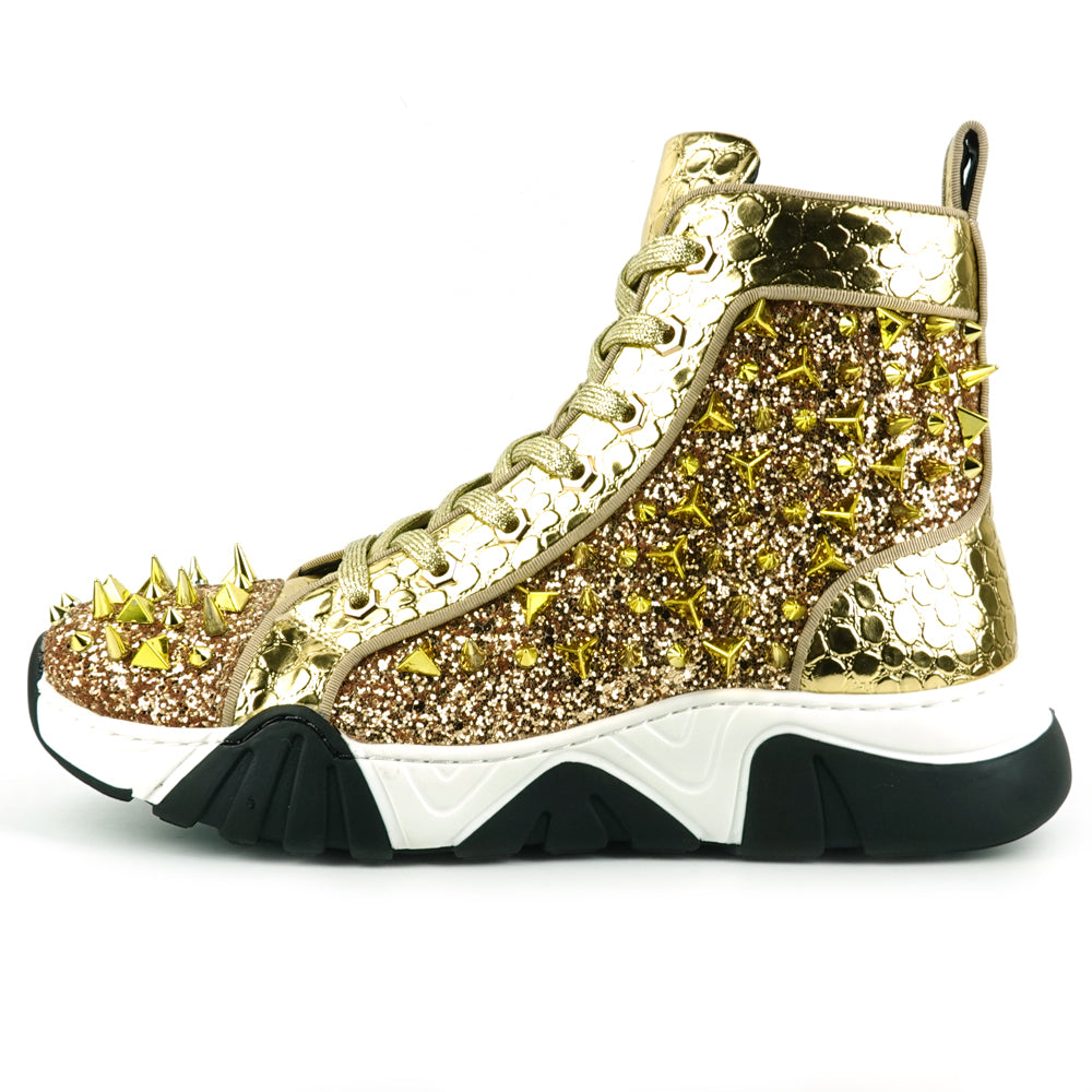 FI-2405 Gold Glitter Gold Spikes Lace up High top Sneaker Encore by Fiesso