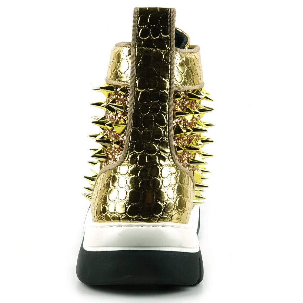 FI-2405 Gold Glitter Gold Spikes Lace up High top Sneaker Encore by Fiesso