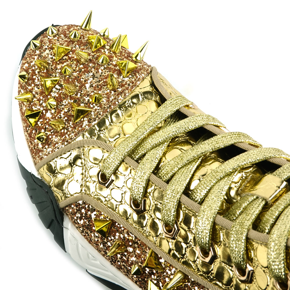 FI-2405 Gold Glitter Gold Spikes Lace up High top Sneaker Encore by Fiesso