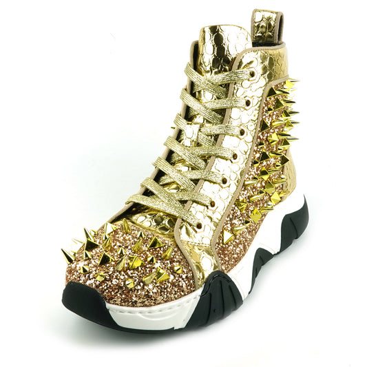 FI-2405 Gold Glitter Gold Spikes Lace up High top Sneaker Encore by Fiesso