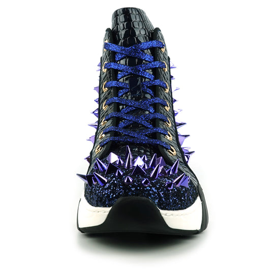 FI-2405 Blue Glitter Blue Spikes Lace up High top Sneaker Encore by Fiesso