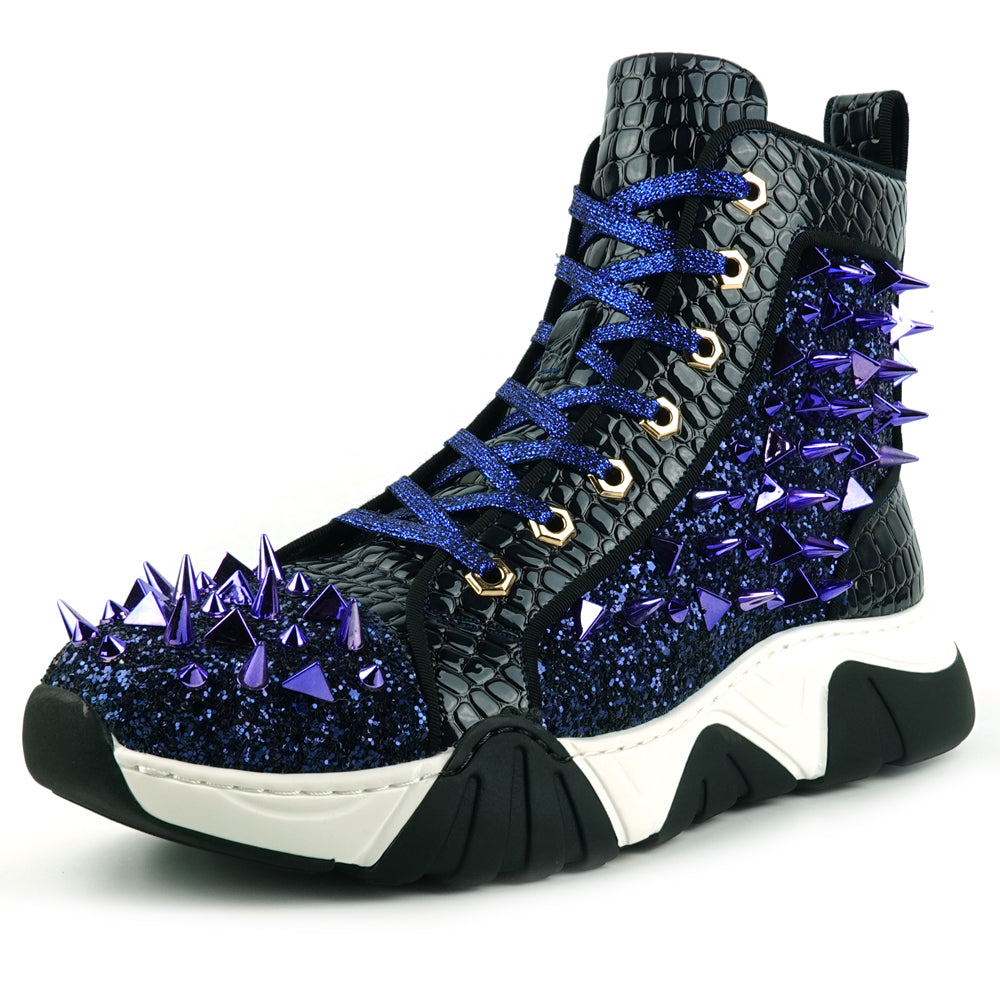 FI-2405 Blue Glitter Blue Spikes Lace up High top Sneaker Encore by Fiesso