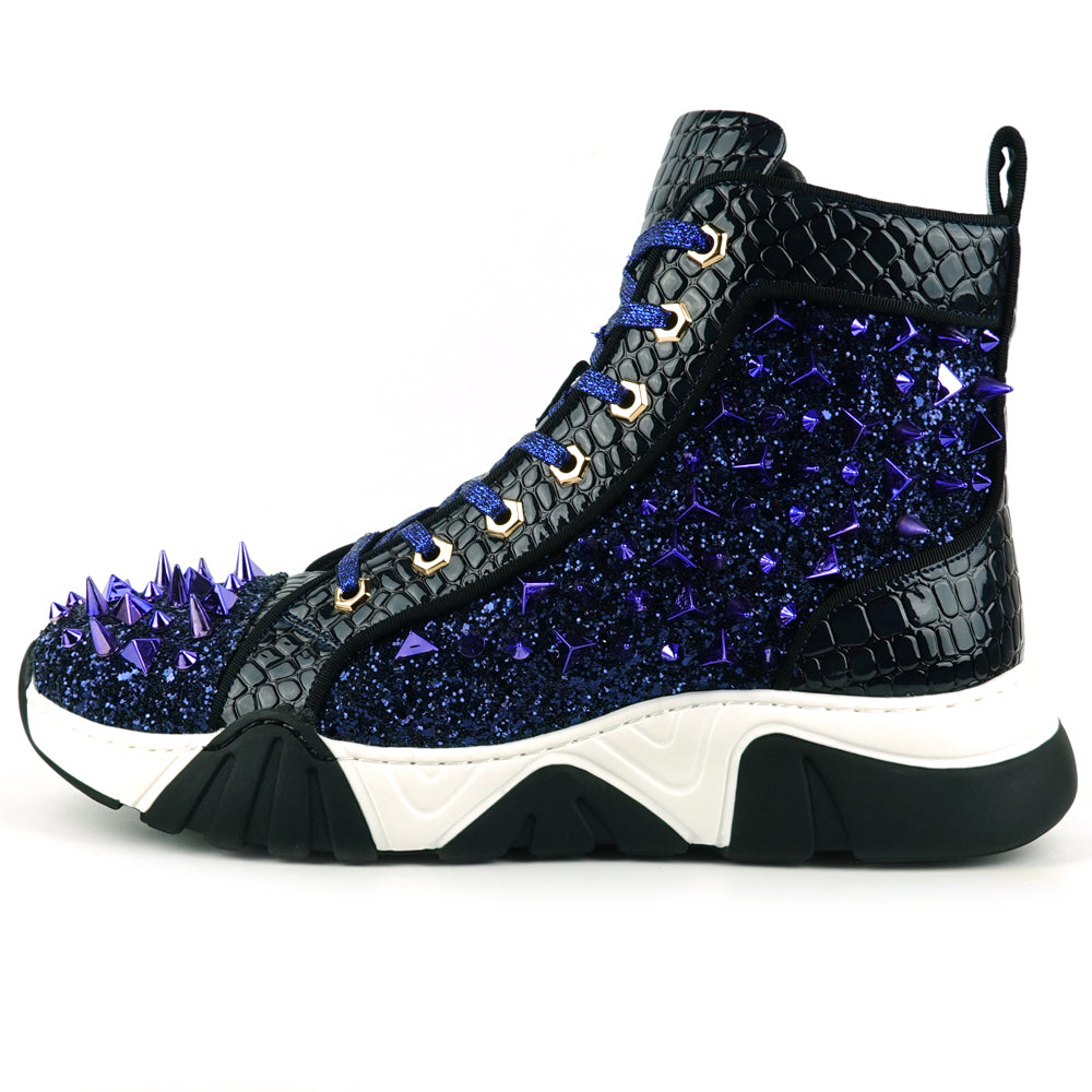 FI-2405 Blue Glitter Blue Spikes Lace up High top Sneaker Encore by Fiesso