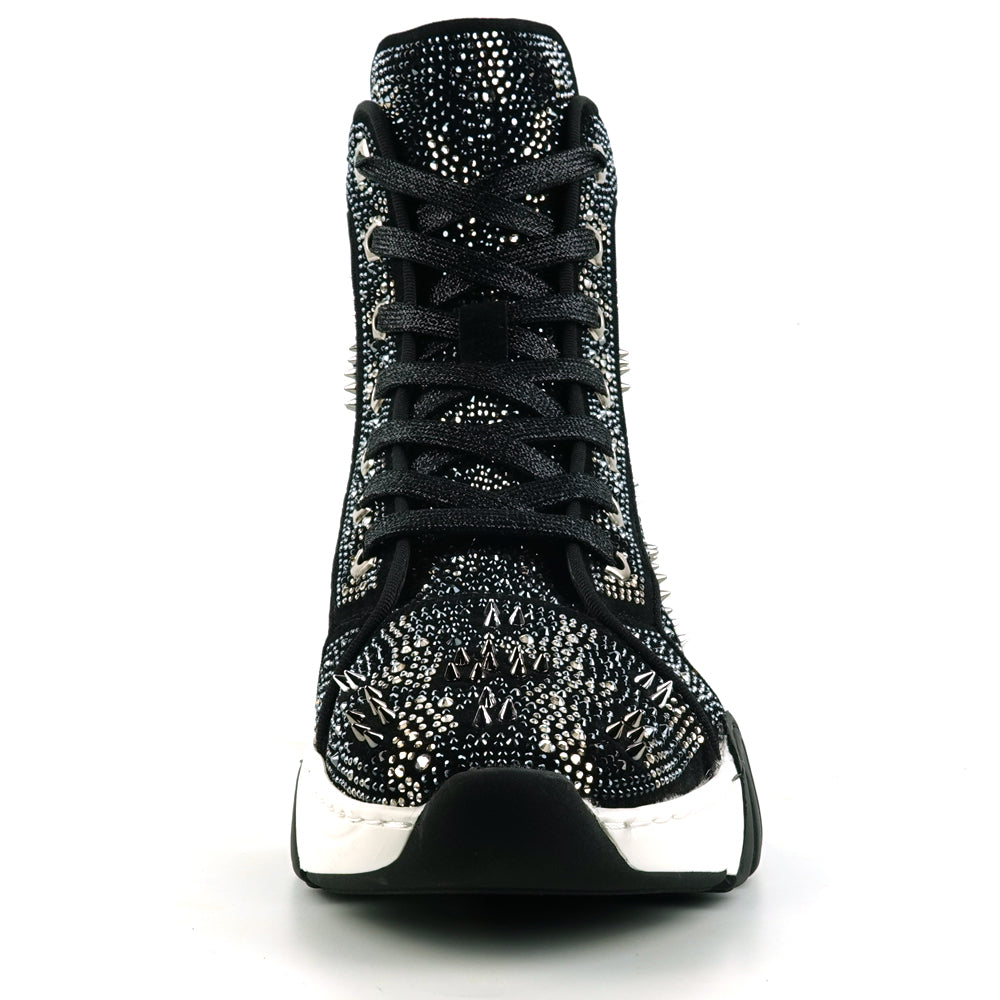 FI-2412 Black Suede Rhinestone Spikes Lace up High top Sneaker Encore by Fiesso