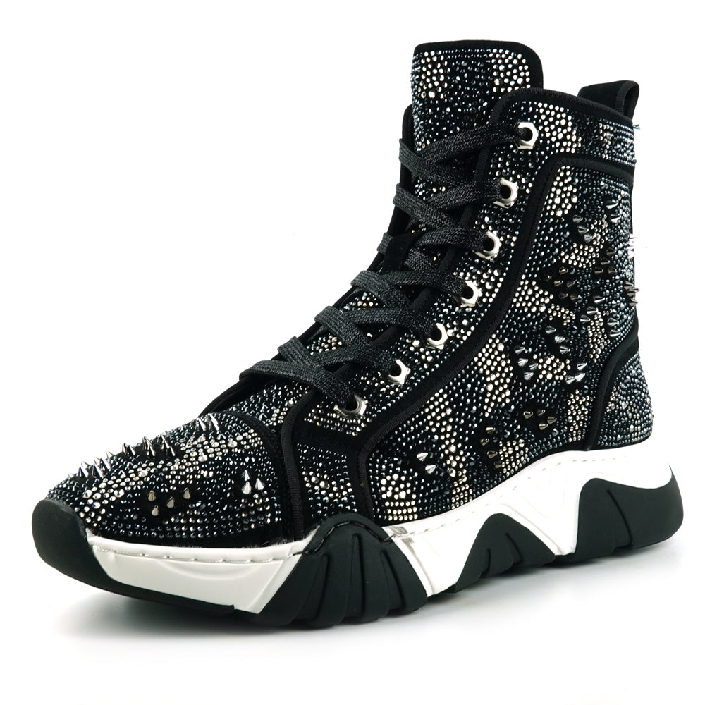 FI-2412 Black Suede Rhinestone Spikes Lace up High top Sneaker Encore by Fiesso