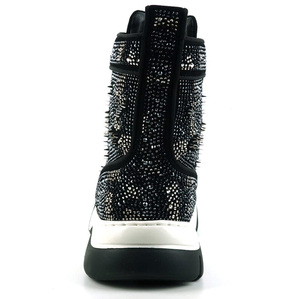 FI-2412 Black Suede Rhinestone Spikes Lace up High top Sneaker Encore by Fiesso