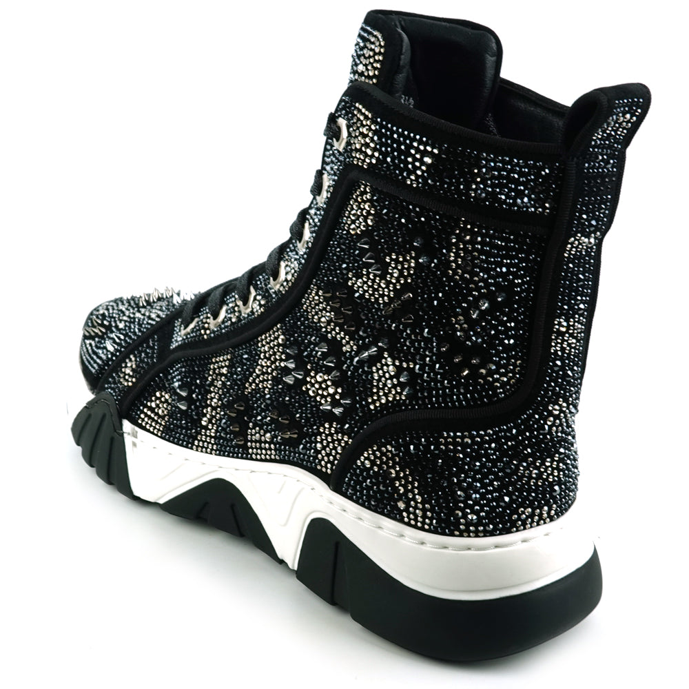 FI-2412 Black Suede Rhinestone Spikes Lace up High top Sneaker Encore by Fiesso