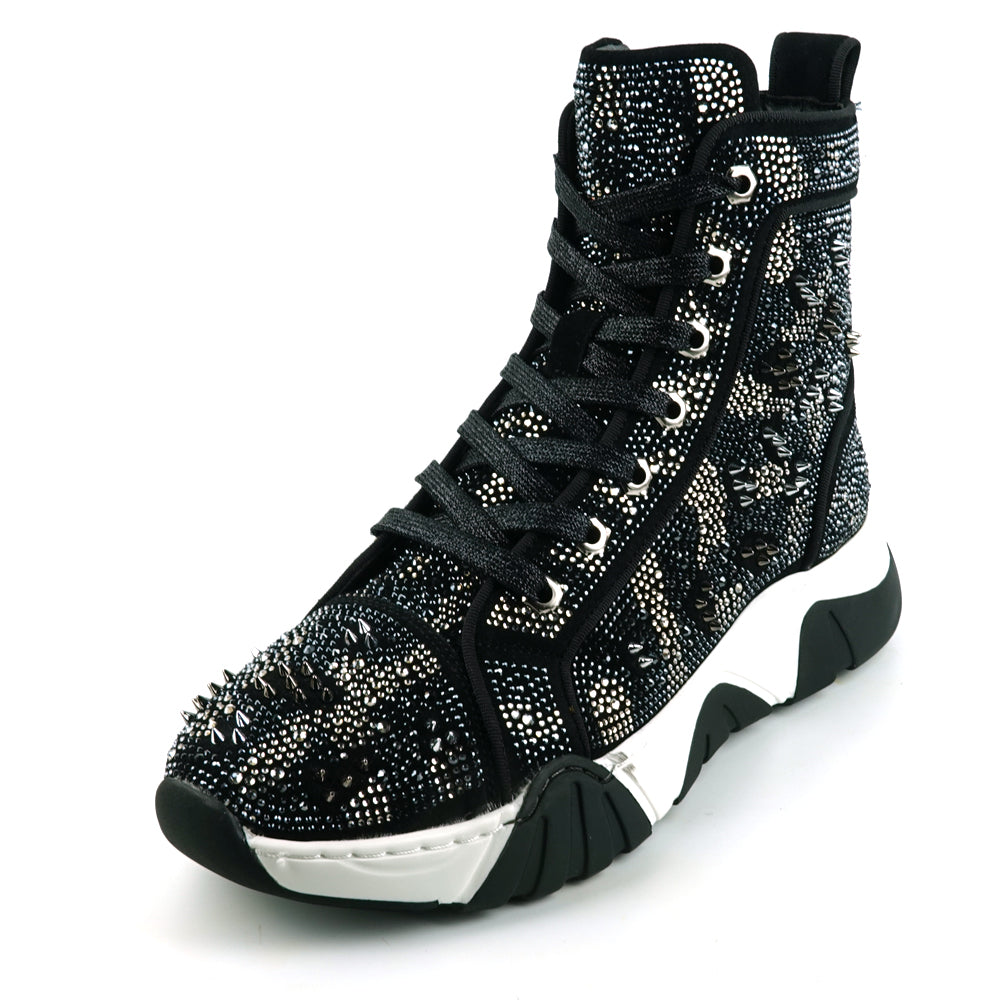 FI-2412 Black Suede Rhinestone Spikes Lace up High top Sneaker Encore by Fiesso