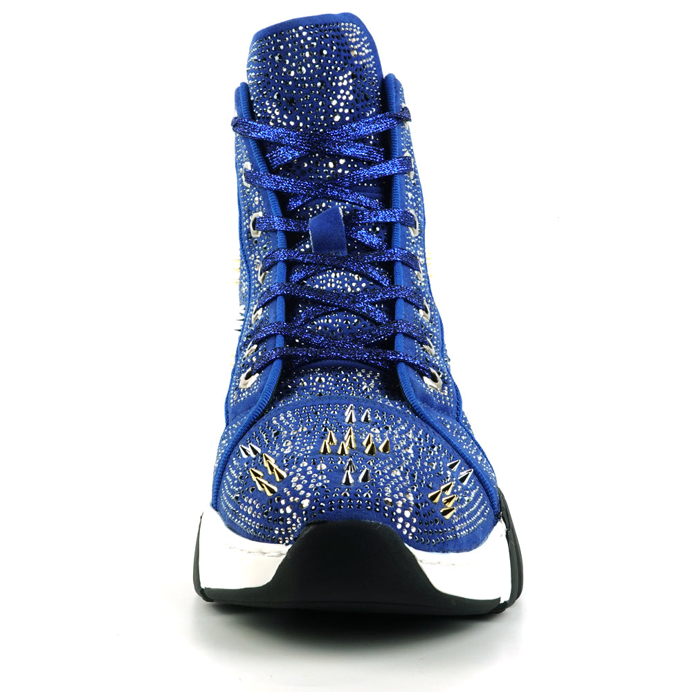 FI-2412 Blue Suede Rhinestone Spikes Lace up High top Sneaker Encore by Fiesso