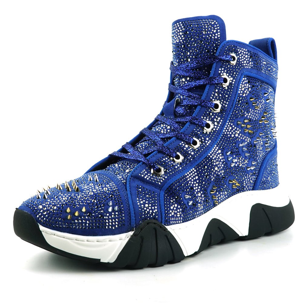 FI-2412 Blue Suede Rhinestone Spikes Lace up High top Sneaker Encore by Fiesso