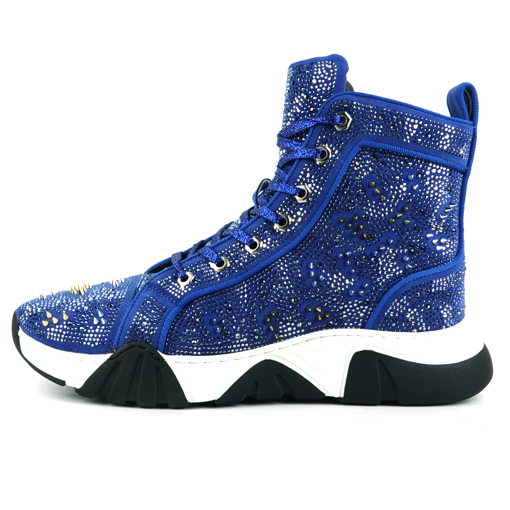 FI-2412 Blue Suede Rhinestone Spikes Lace up High top Sneaker Encore by Fiesso