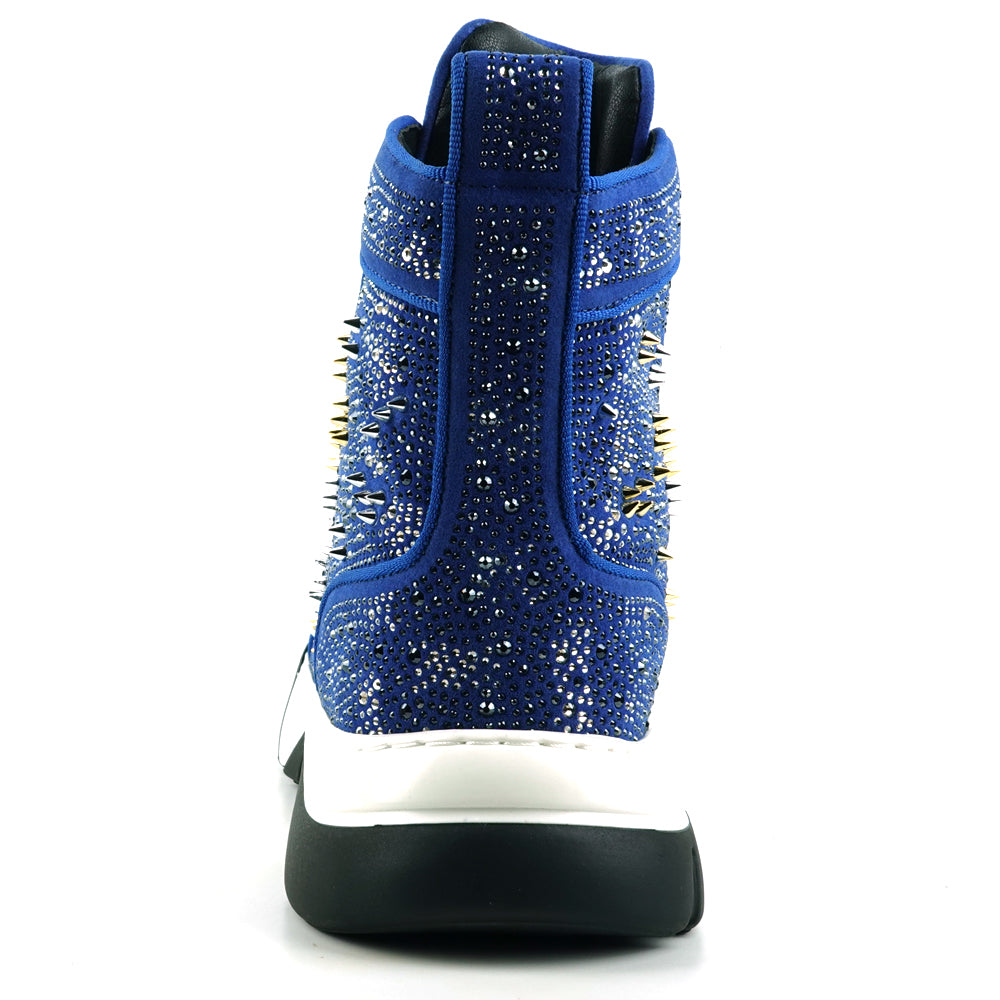 FI-2412 Blue Suede Rhinestone Spikes Lace up High top Sneaker Encore by Fiesso