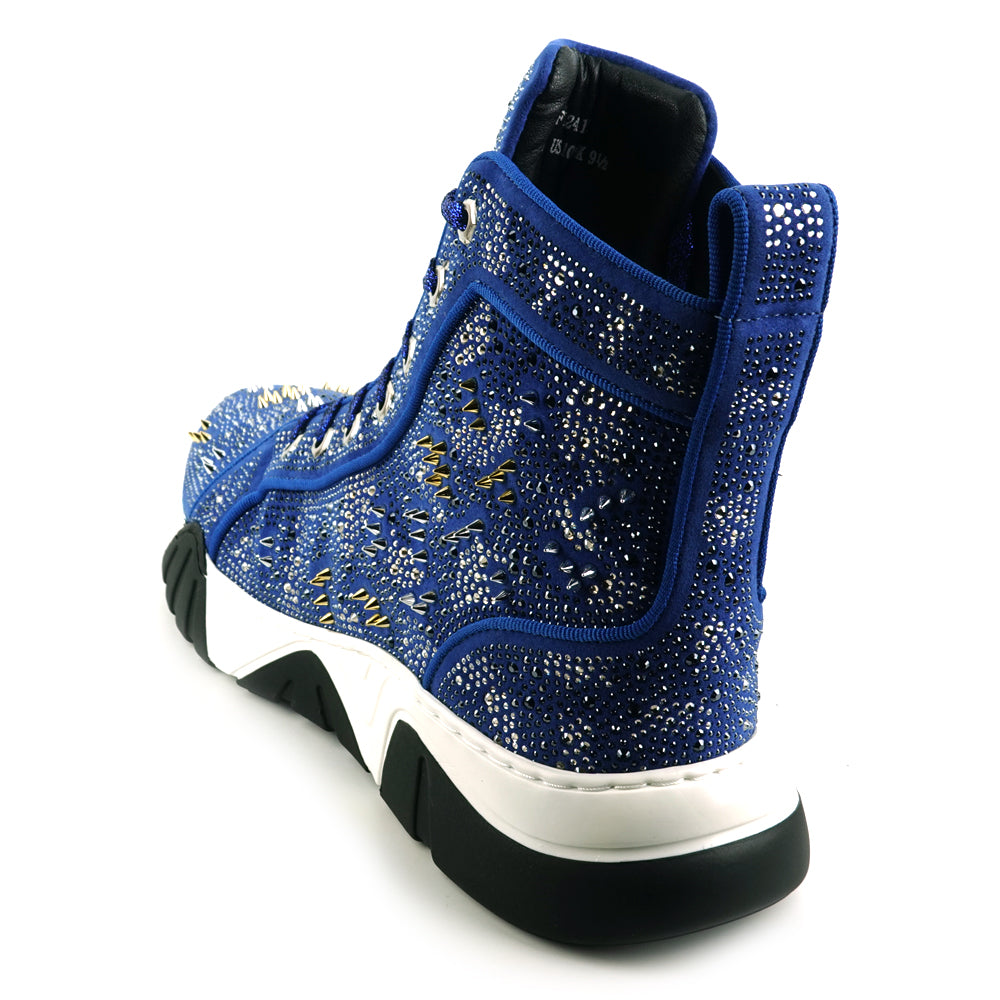 FI-2412 Blue Suede Rhinestone Spikes Lace up High top Sneaker Encore by Fiesso