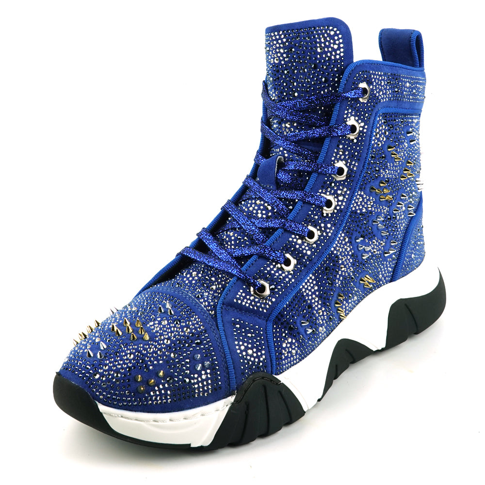 FI-2412 Blue Suede Rhinestone Spikes Lace up High top Sneaker Encore by Fiesso