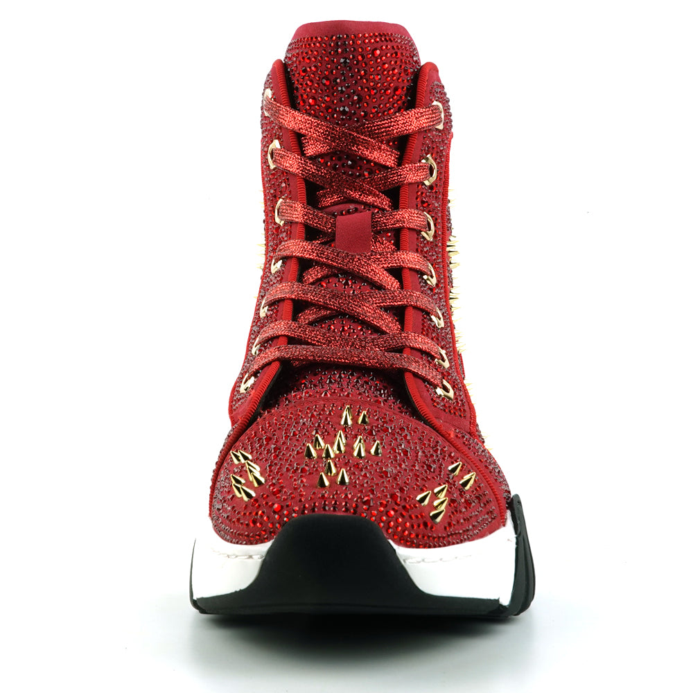 FI-2412 Red Suede Rhinestone Spikes Lace up High top Sneaker Encore by Fiesso