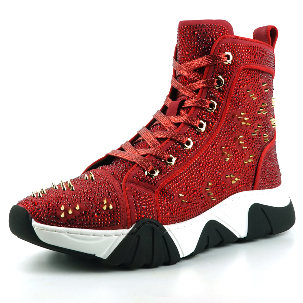 FI-2412 Red Suede Rhinestone Spikes Lace up High top Sneaker Encore by Fiesso