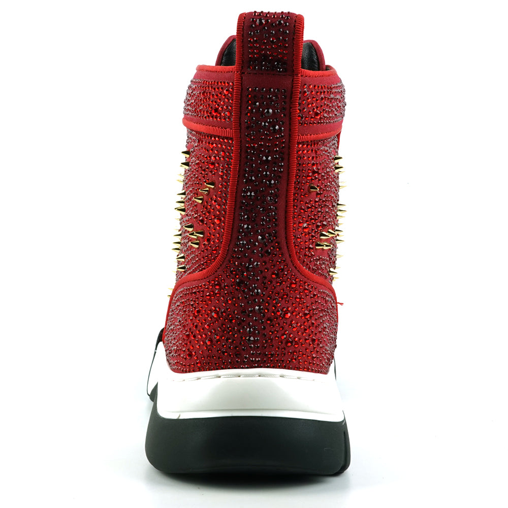 FI-2412 Red Suede Rhinestone Spikes Lace up High top Sneaker Encore by Fiesso