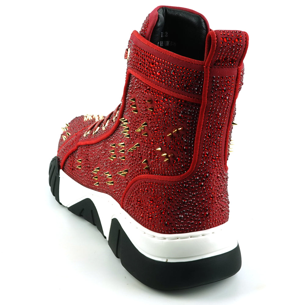 FI-2412 Red Suede Rhinestone Spikes Lace up High top Sneaker Encore by Fiesso