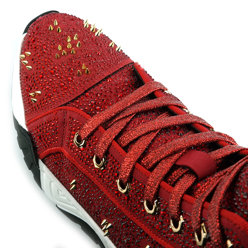 FI-2412 Red Suede Rhinestone Spikes Lace up High top Sneaker Encore by Fiesso