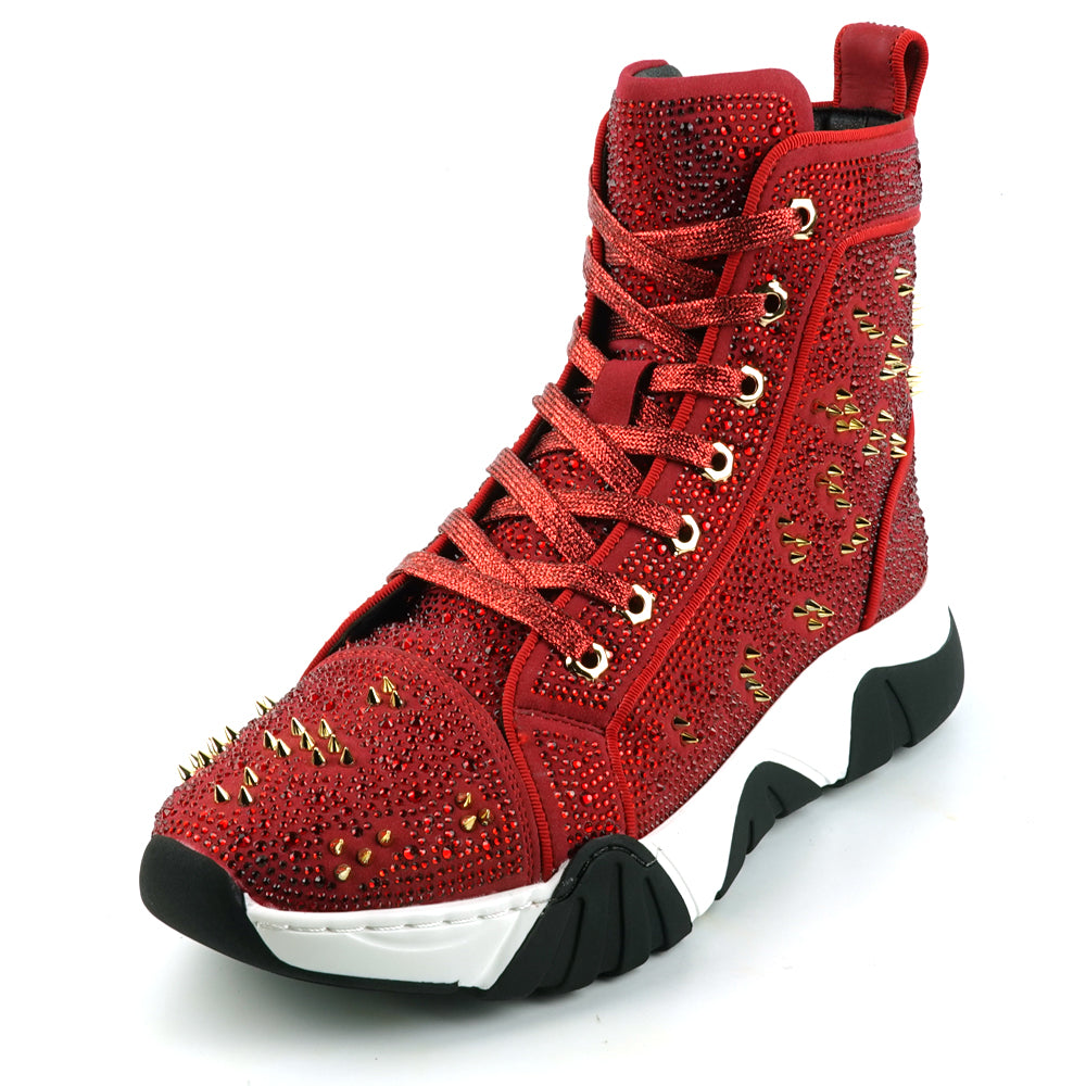 FI-2412 Red Suede Rhinestone Spikes Lace up High top Sneaker Encore by Fiesso