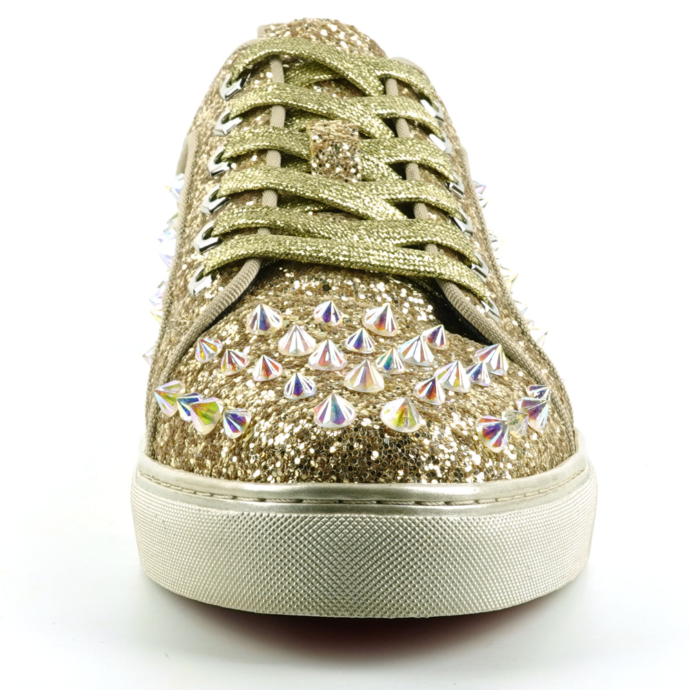 FI-2414 Gold Glitter Gold Spikes Lace up Sneaker Encore by Fiesso