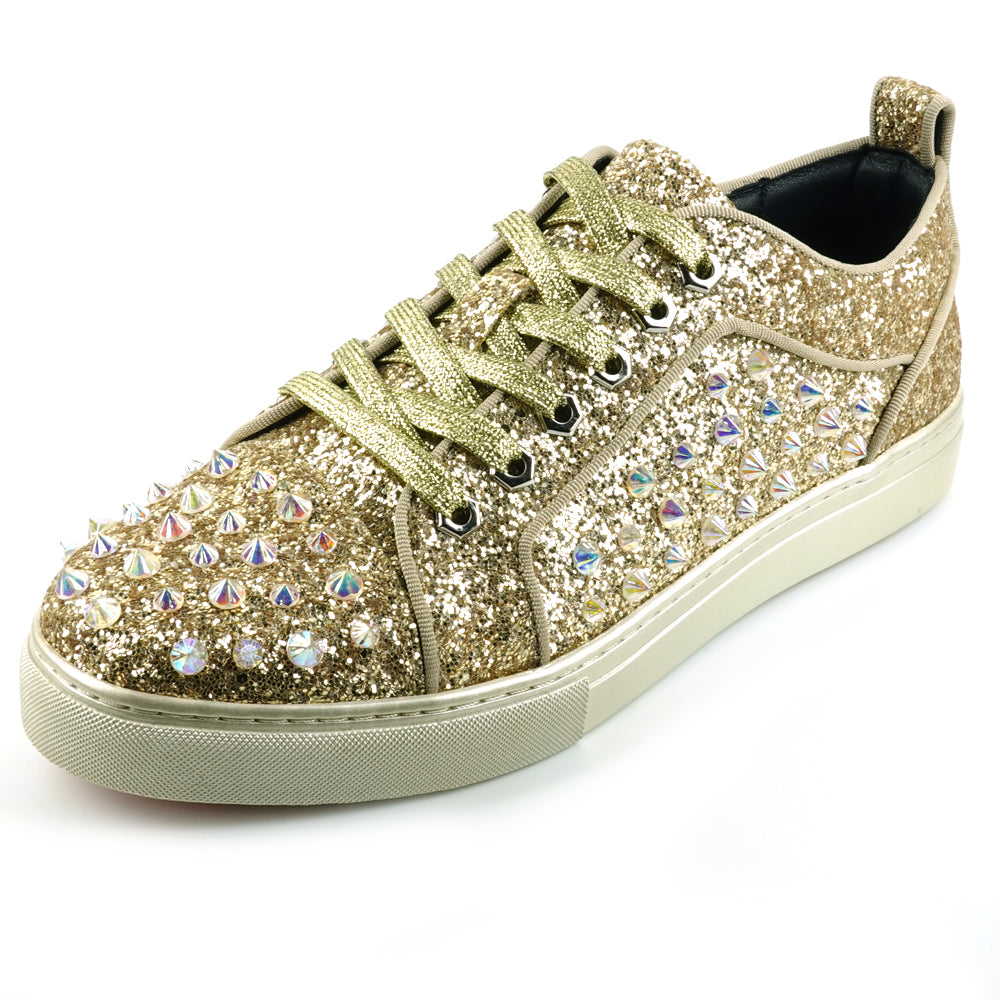 FI-2414 Gold Glitter Gold Spikes Lace up Sneaker Encore by Fiesso