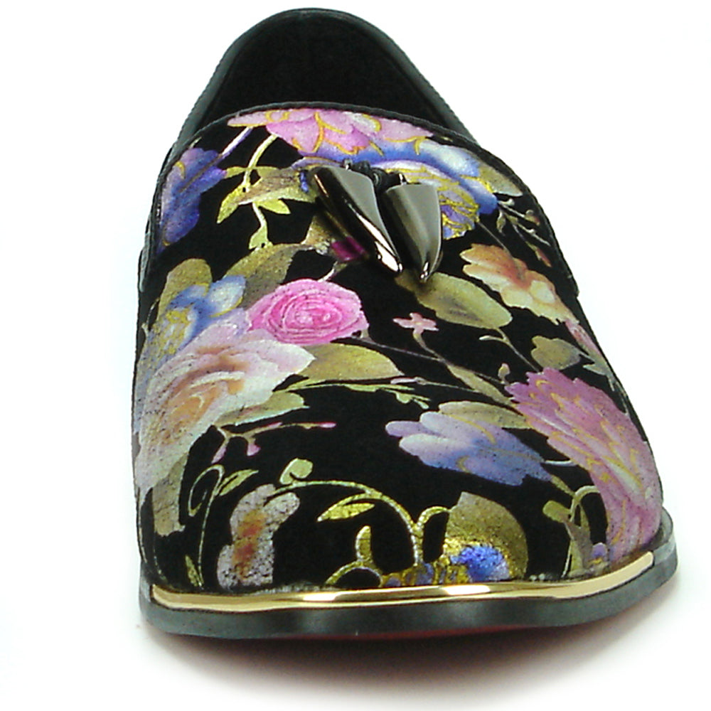 FI-6921 Black Genuine Leather Floral Print Fiesso by Aurelio Garcia slip on