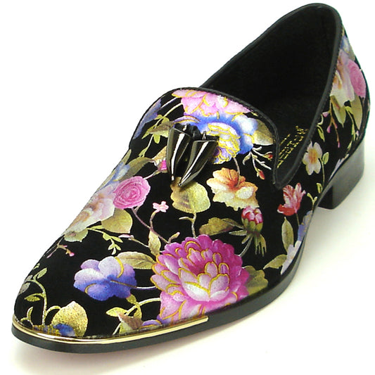 FI-6921 Black Genuine Leather Floral Print Fiesso by Aurelio Garcia slip on