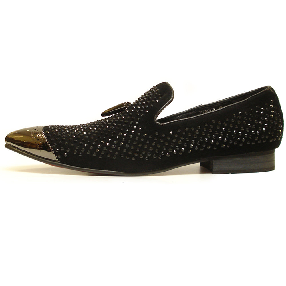 FI-6968 Black Suede Tassel Slip On Loafers Metal Tip Rhinestones Fiesso Shoes