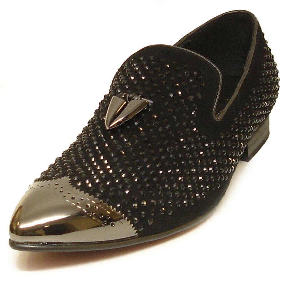 FI-6968 Black Suede Tassel Slip On Loafers Metal Tip Rhinestones Fiesso Shoes