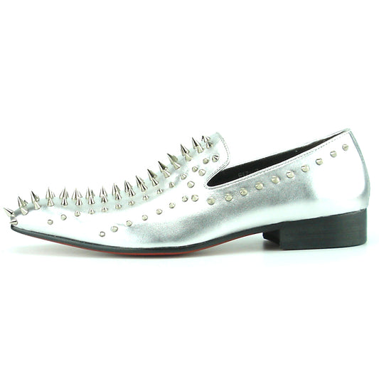 FI-7107 Silver Leather with Silver Spike Slip on Loafer Fiesso by Aurelio Garcia