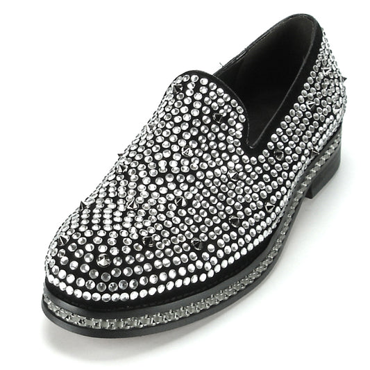 FI-7119 Black - Spikes and Rhinestones Fiesso by Aurelio Garcia Suede Slip on