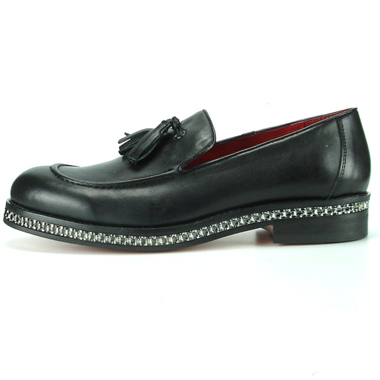 FI-7123 Black Genuine Leather Slip on Loafer with Tassel Fiesso by Aurelio Garcia