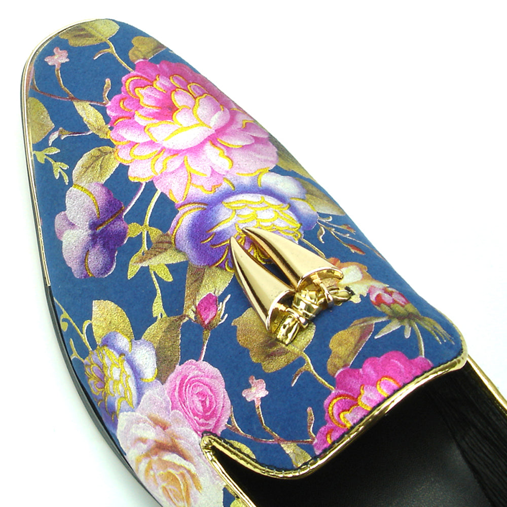 FI-7155 Blue Genuine Leather Floral Print Fiesso by Aurelio Garcia slip on