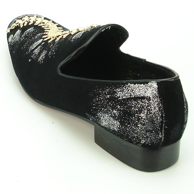 FI-7165 Black Suede Gold and Silver Slip on Fiesso by Aurelio Garcia Metal tip