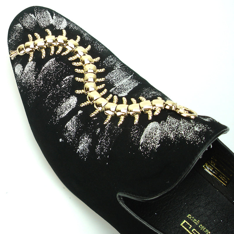 FI-7165 Black Suede Gold and Silver Slip on Fiesso by Aurelio Garcia Metal tip