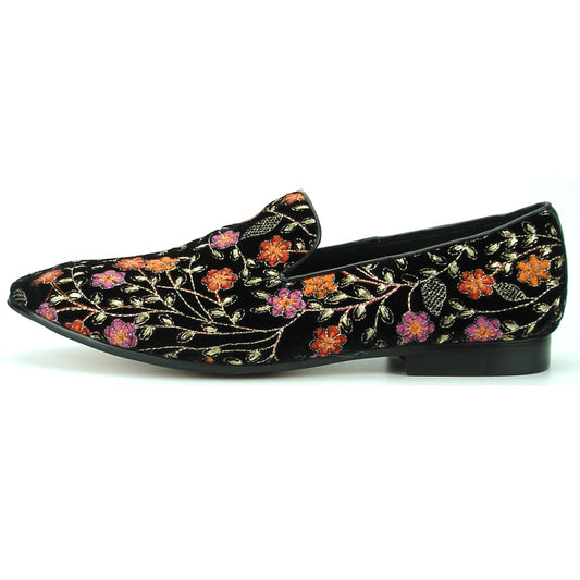 FI-7174 Black Velvet with Red Flower Fiesso by Aurelio Garcia Suede Slip on