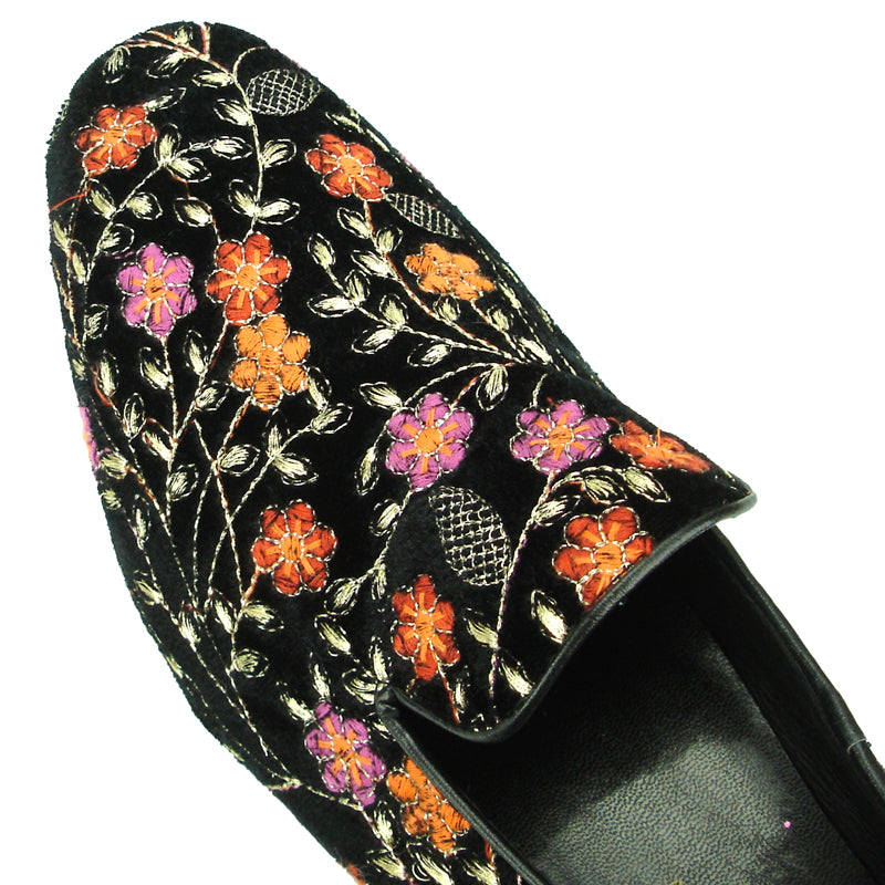 FI-7174 Black Velvet with Red Flower Fiesso by Aurelio Garcia Suede Slip on