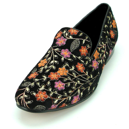 FI-7174 Black Velvet with Red Flower Fiesso by Aurelio Garcia Suede Slip on