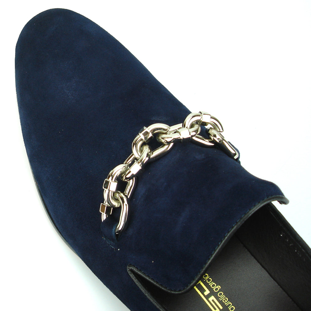 FI-7191 Navy Suede Fiesso by Aurelio Garcia with Silver Chain Slip on Loafer