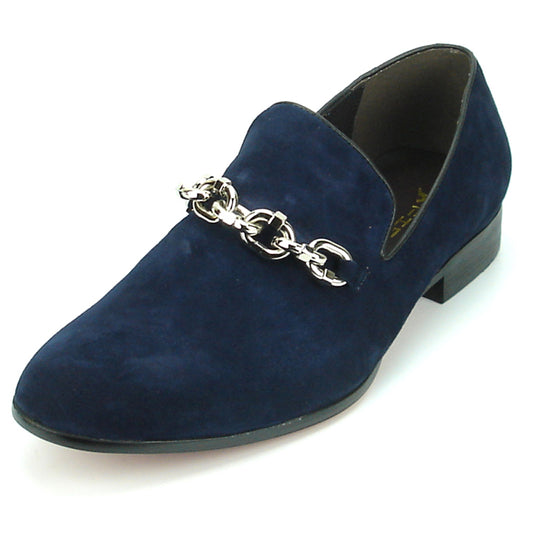 FI-7191 Navy Suede Fiesso by Aurelio Garcia with Silver Chain Slip on Loafer