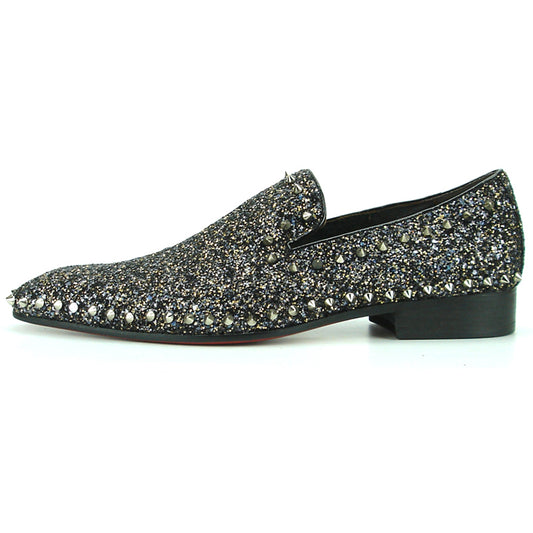 FI-7198 Black Glitter with Studs around Slip on Loafer Fiesso by Aurelio Garcia