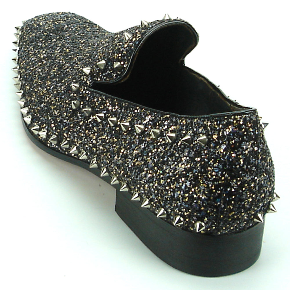 FI-7198 Black Glitter with Studs around Slip on Loafer Fiesso by Aurelio Garcia