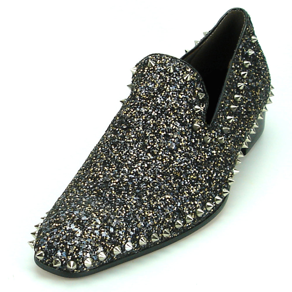 FI-7198 Black Glitter with Studs around Slip on Loafer Fiesso by Aurelio Garcia