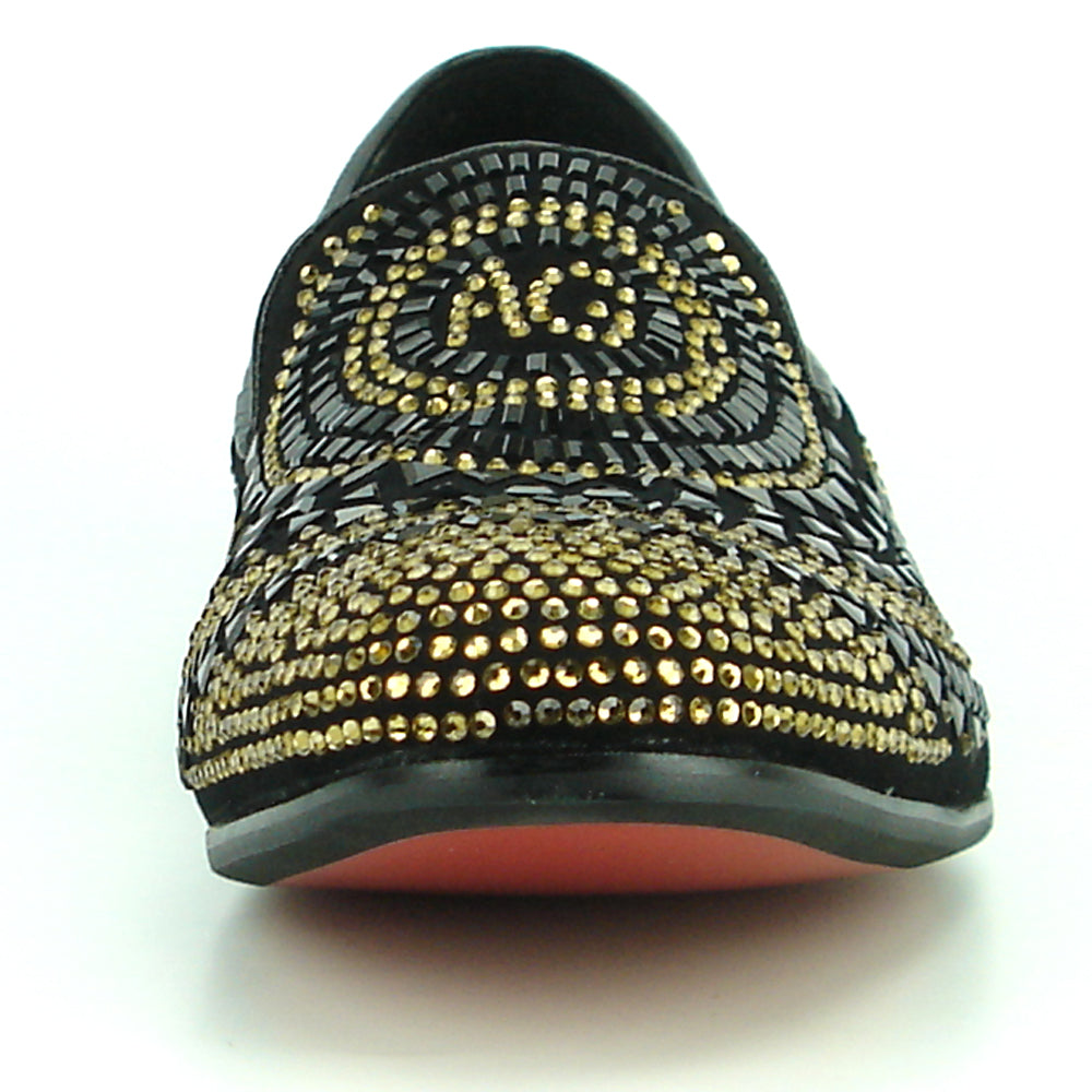 FI-7220 Black Gold Rhinestones Slip on Loafer Fiesso by Aurelio Garcia