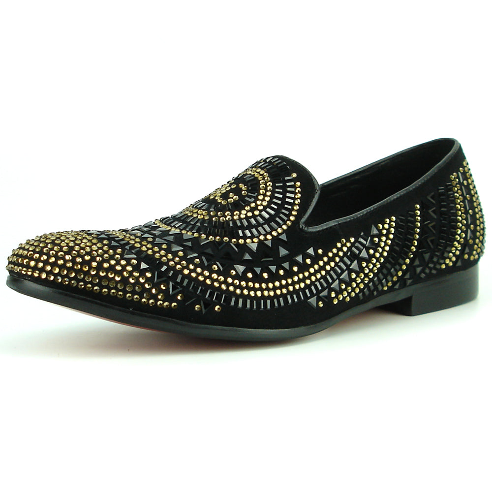 FI-7220 Black Gold Rhinestones Slip on Loafer Fiesso by Aurelio Garcia