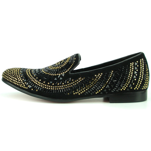 FI-7220 Black Gold Rhinestones Slip on Loafer Fiesso by Aurelio Garcia